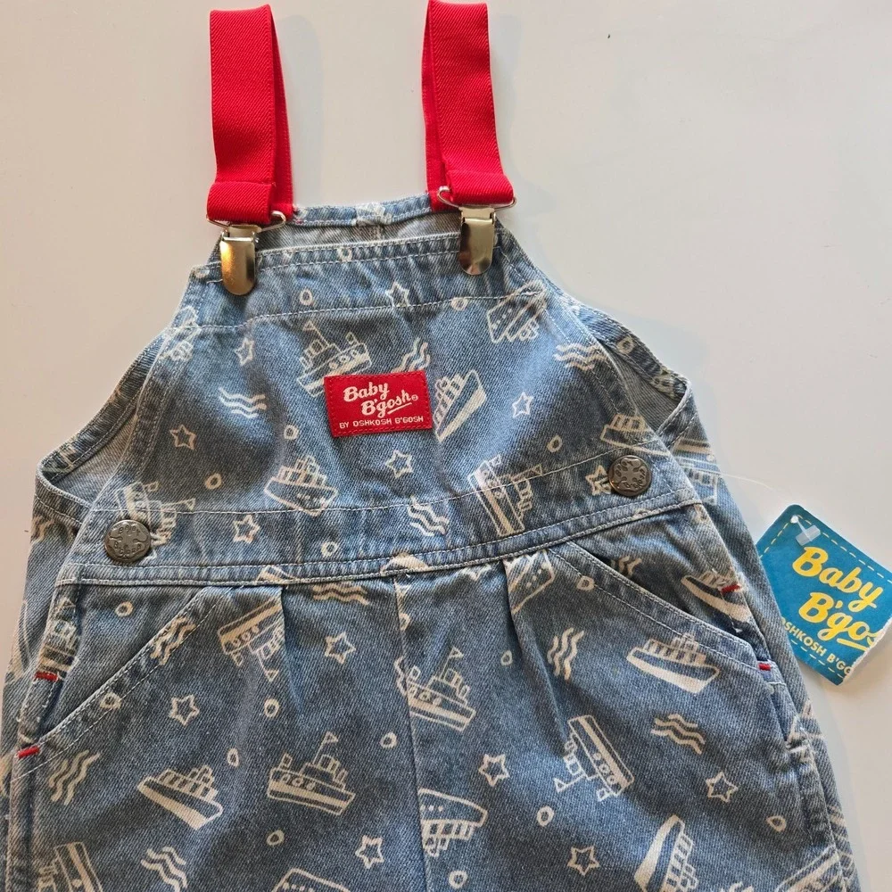 VTG NWT Oshkosh Baby‎ Boy Denim Shortalls Boats 3-6 months